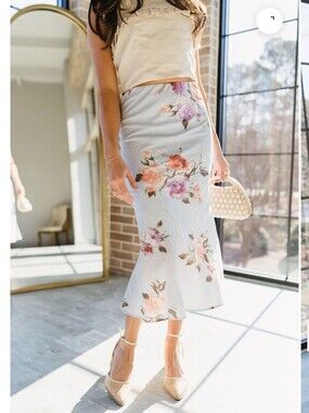 New Gilli Light Blue Floral Linen Midi Skirt - Bias Cut Lined Women's Size M